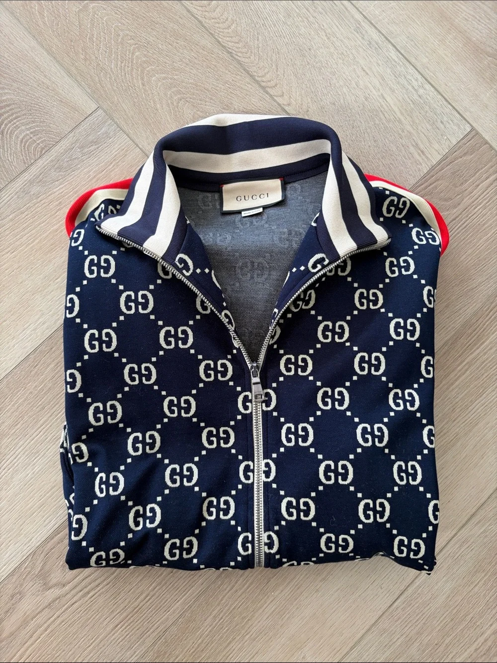 Gucci Navy GG-Print Sweatpants with Red Stripe & matching track jacket (set)